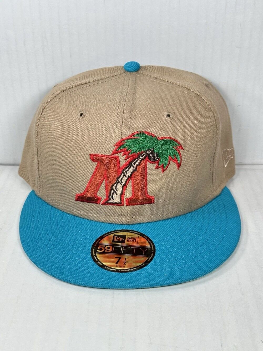 New Era 59FIFTY Fort Myers Miracle Fitted Hat Size 7 1/2 MiLB Camel Blue Jewel